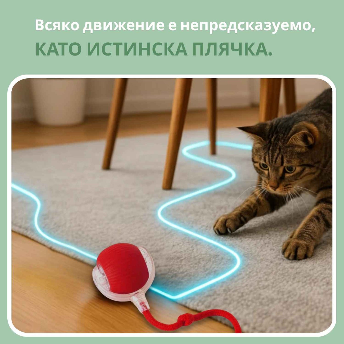 Интелигентна топка за котки, 100% автономна, проектирана да имитира истинска площадка.